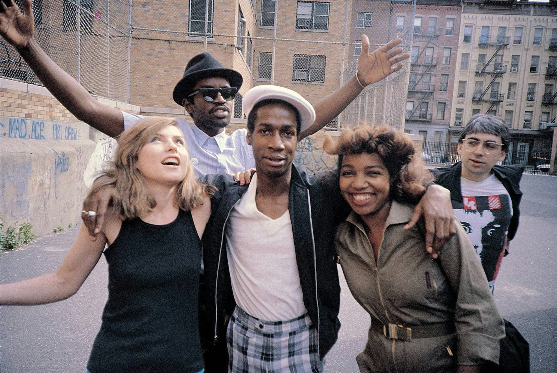 Dabbie Harry, Fab 5 Freddy, Grandmaster Flash, Tracy Wormworth, and Chris Stein in 1981.